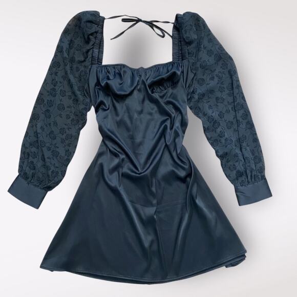 Danielle Bernstein Puff Sleeve Mini Dress‎ Size 10 Black Grunge Satin - Picture 1 of 11